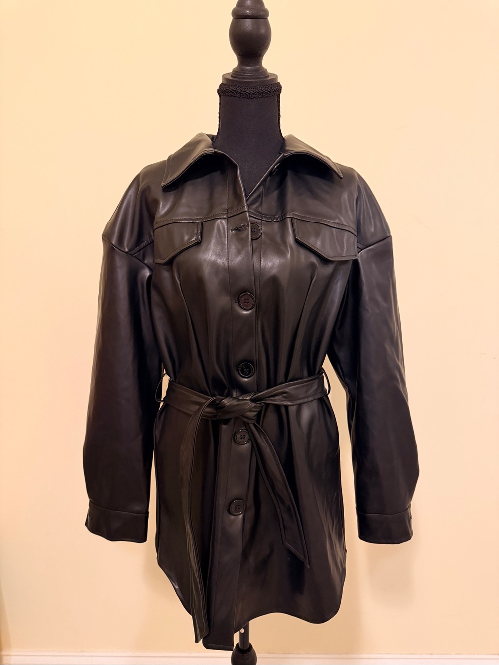 NWOT Gudasuo’s Black Faux Leather Belted Trench Coat - Women’s XS